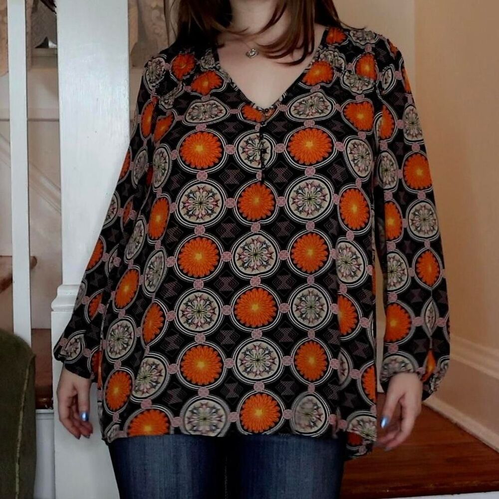 Orange Black Medallion Print Blouse Black  XL Boho Tunic Circles Flowy Geometric